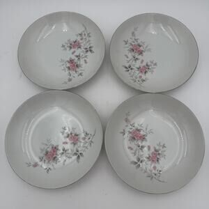 Set of 4 Vintage Soup Bowls in Pink Rose by Bristol Coupe 7.5" Made in Japan